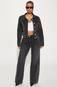 Striking Conversation Embellished Denim Jacket - Black Wash sold by Fashion Nova