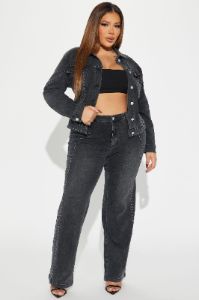 Striking Conversation Embellished Denim Jacket - Black Wash sold by Fashion Nova