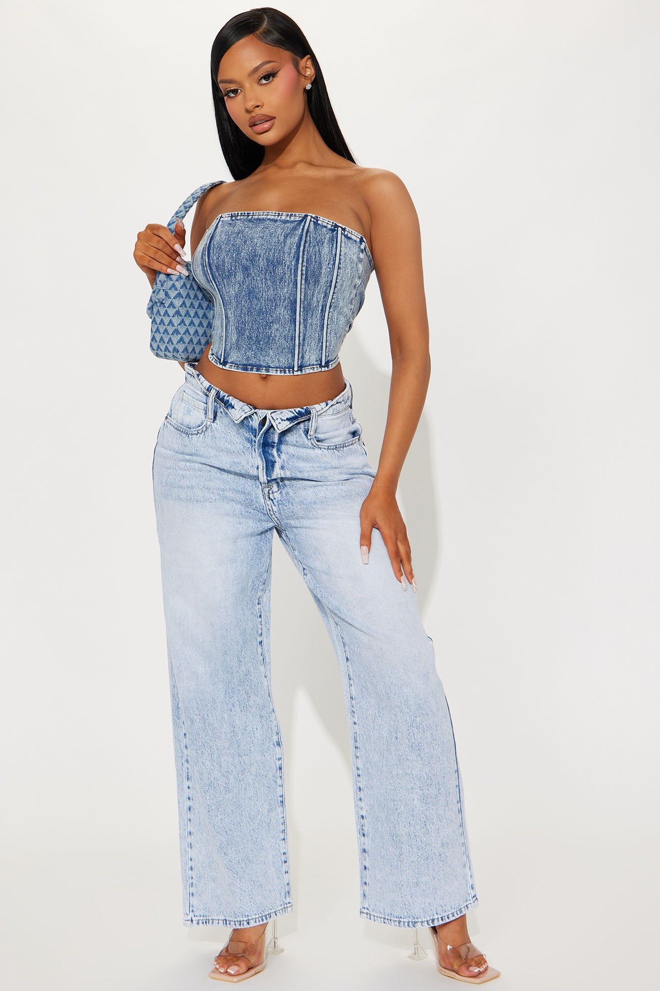Biggest Flirt Fold Over Waist Straight Leg Jean - Light Wash sold by Fashion Nova