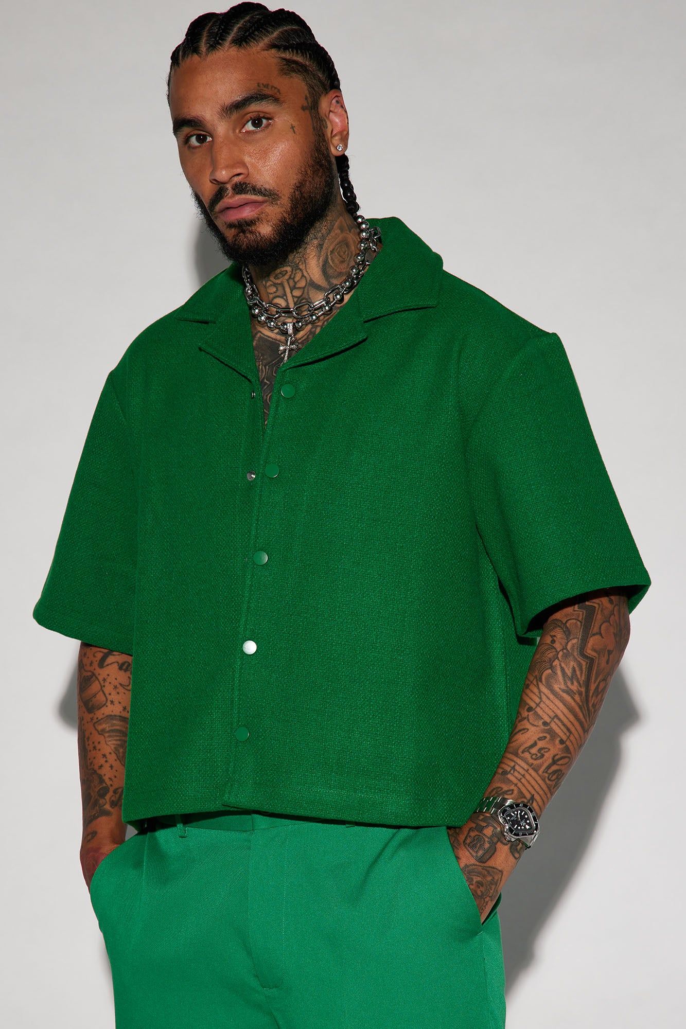 Wilder Textured Weave Cropped Button Up Shirt - Green sold by Fashion Nova