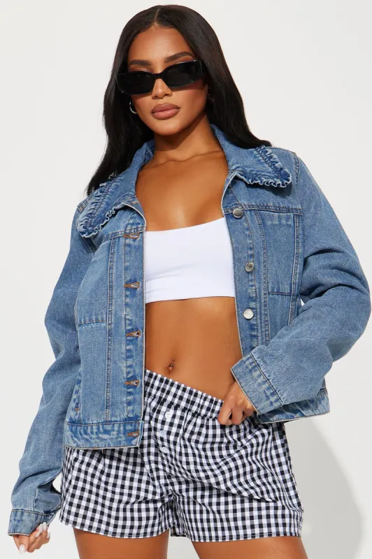 For The Frill Of It Denim Trucker Jacket - Medium Wash sold by Fashion Nova