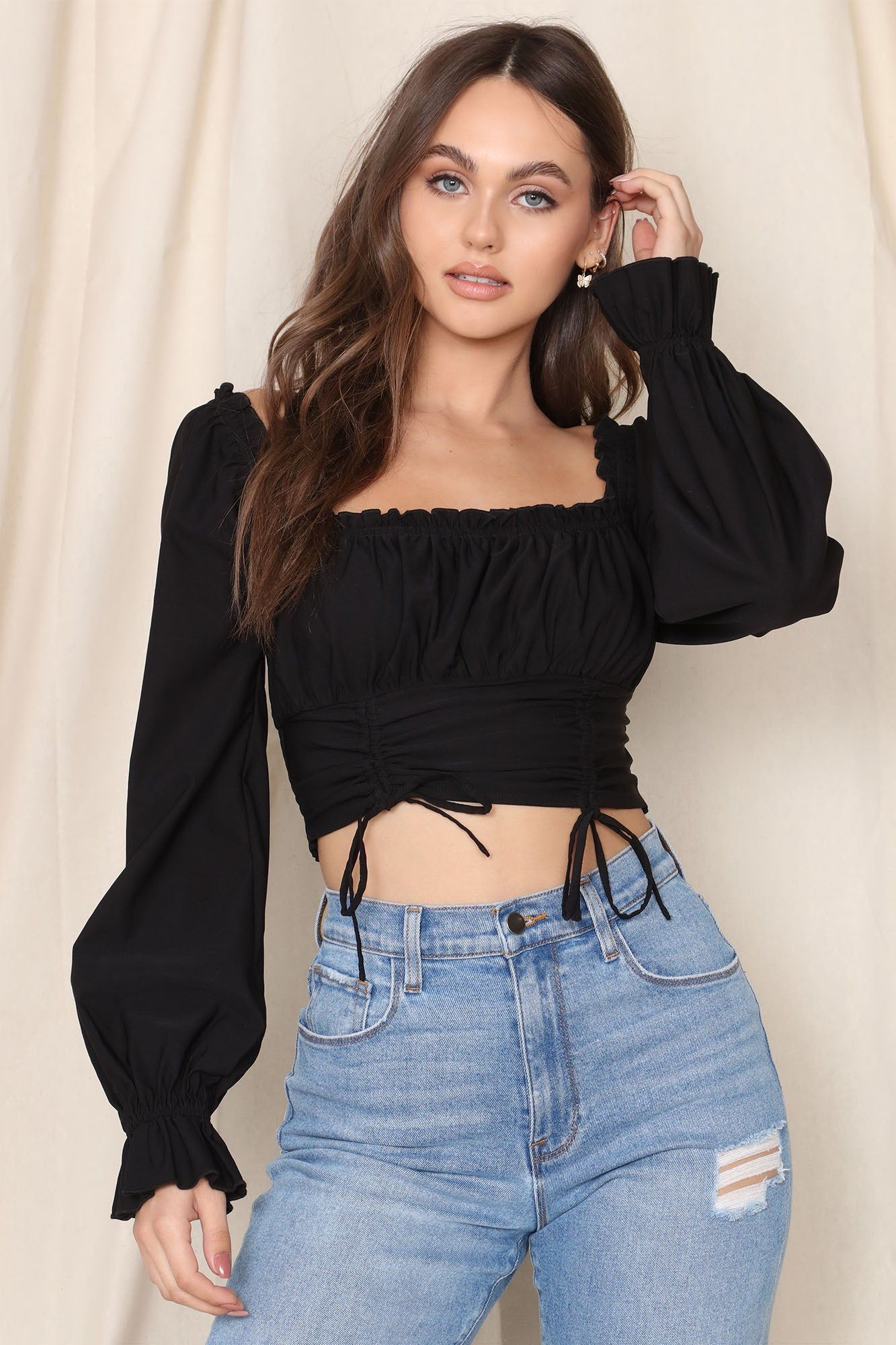 Katya Poplin Cropped Long Sleeve - Black sold by Fashion Nova