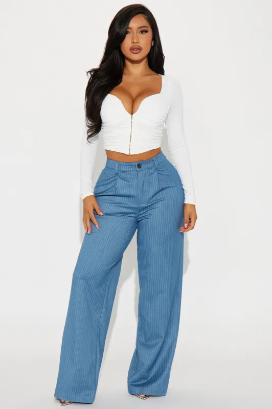 In The Office Pinstripe Trouser - Blue sold by Fashion Nova