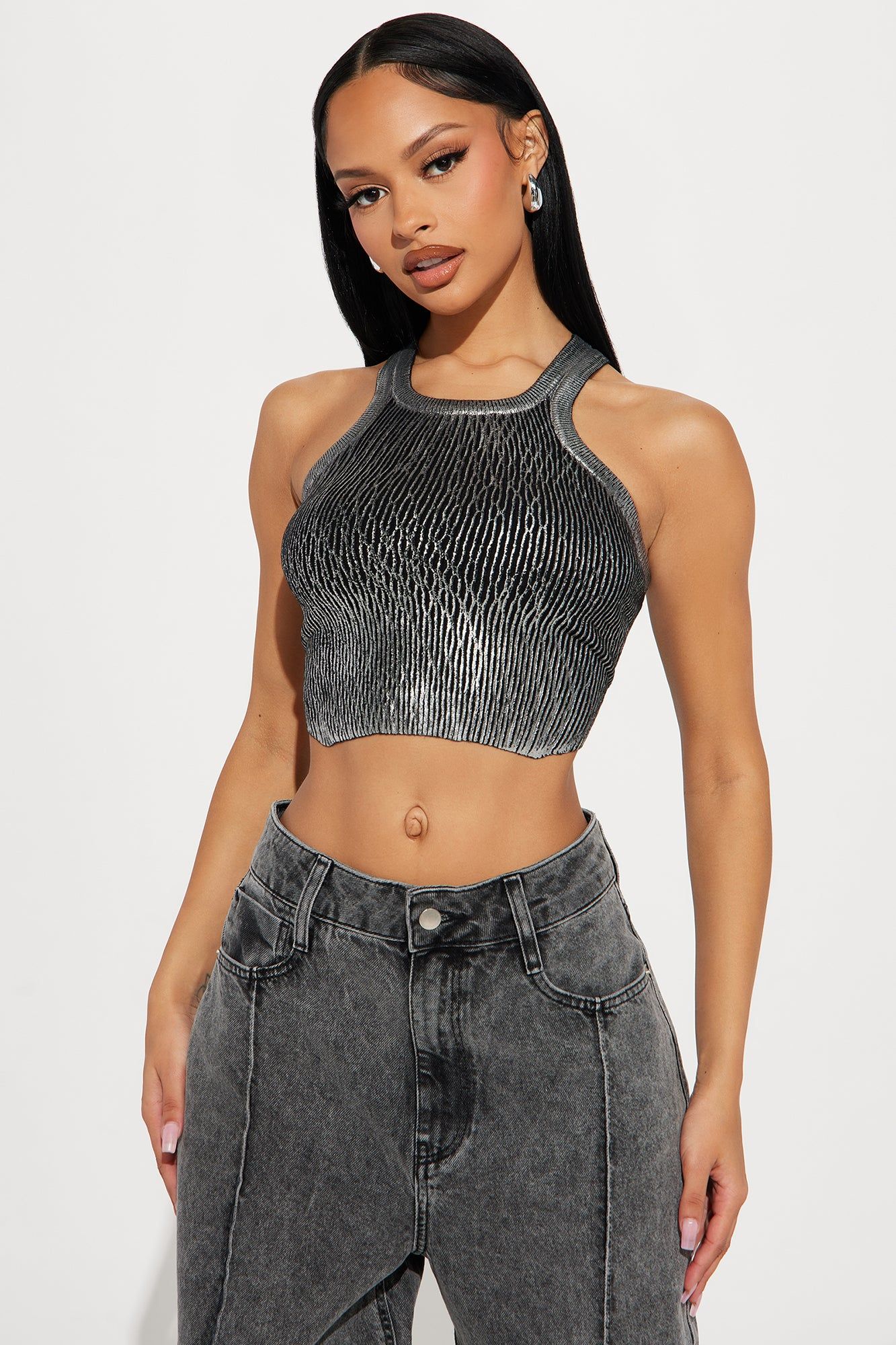 Midnight Love Sweater Top - Gunmetal sold by Fashion Nova