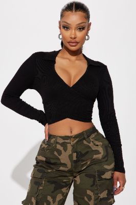 Monica Long Sleeve Wrap Top - Black sold by Fashion Nova