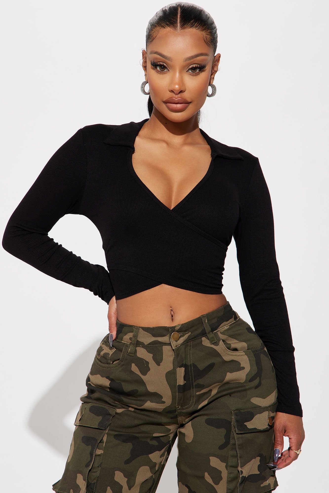Monica Long Sleeve Wrap Top - Black sold by Fashion Nova