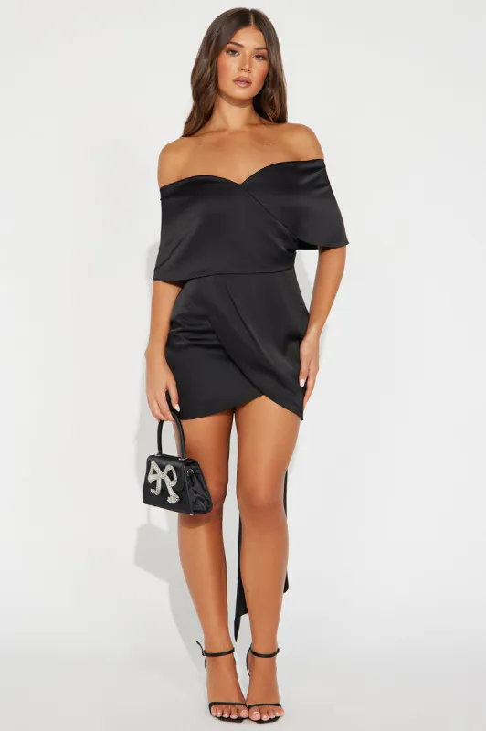 She Has Arrived Satin Mini Dress - Black sold by Fashion Nova
