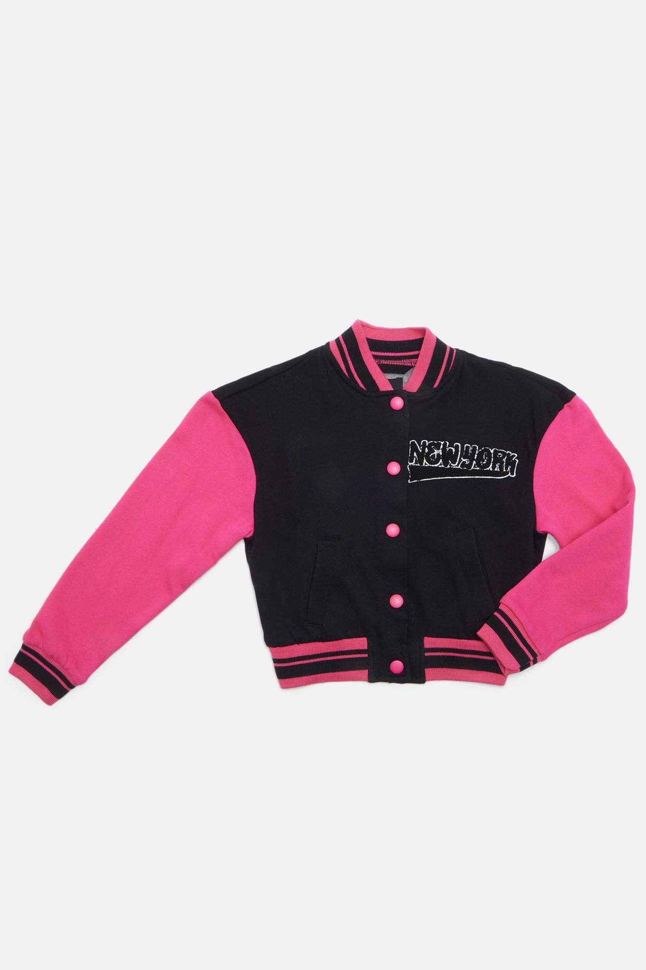 Mini New York Button Front Varsity Jacket - Black/combo sold by Fashion Nova