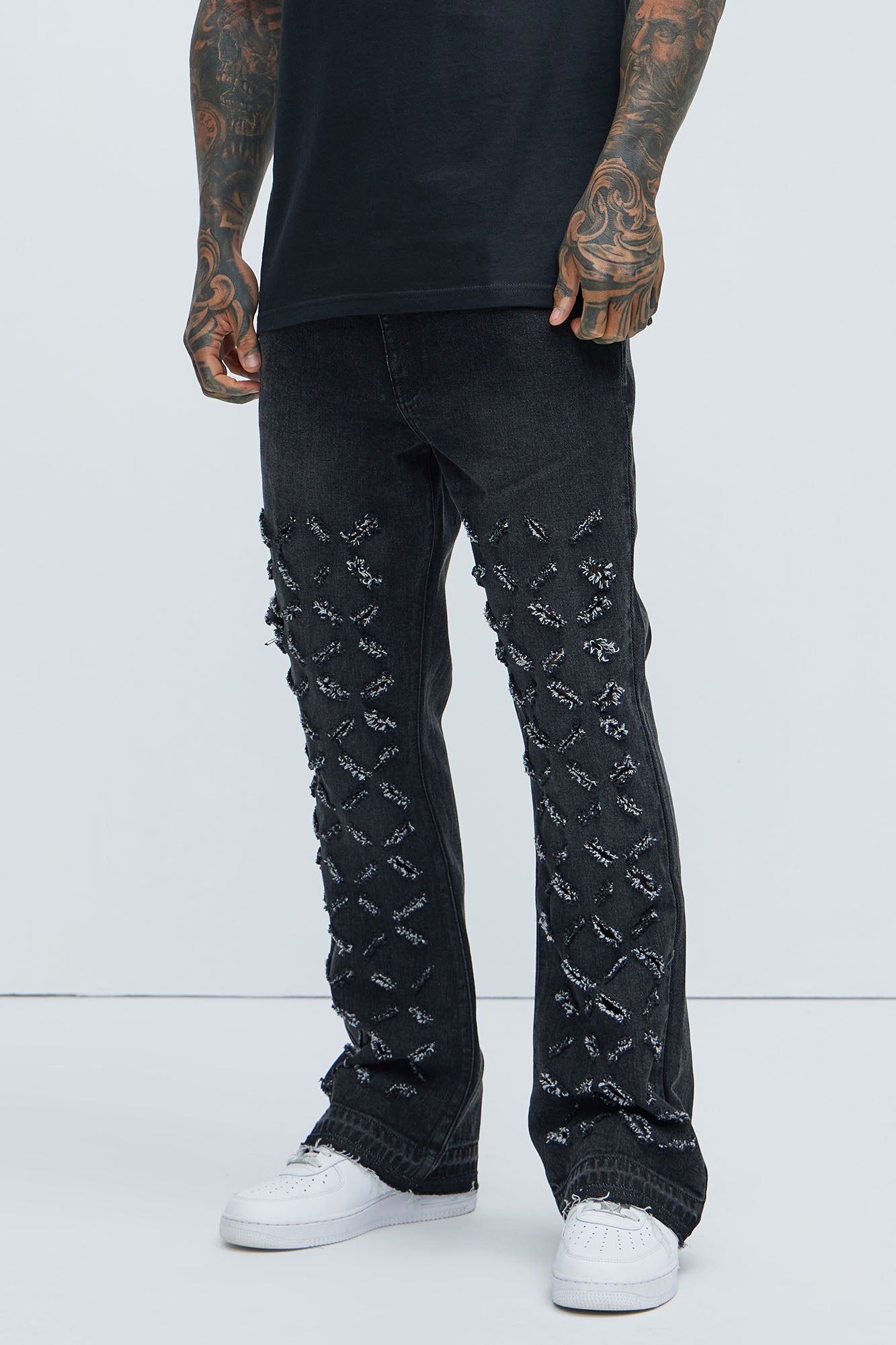 Harold Stacked Slim Flare Jeans - Black Wash sold by Fashion Nova