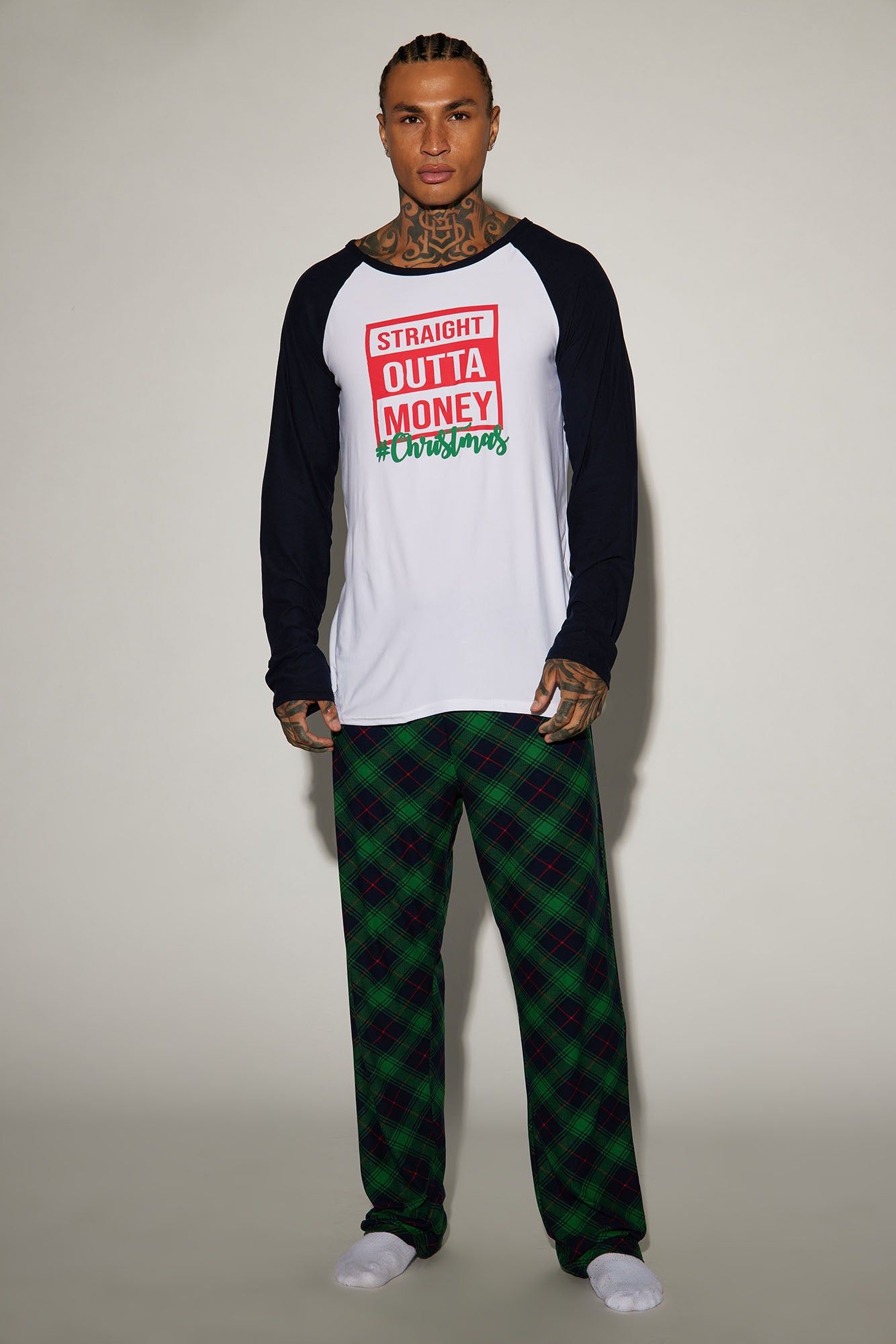 Straight Outta Money Holiday PJ Set - Green/combo sold by Fashion Nova