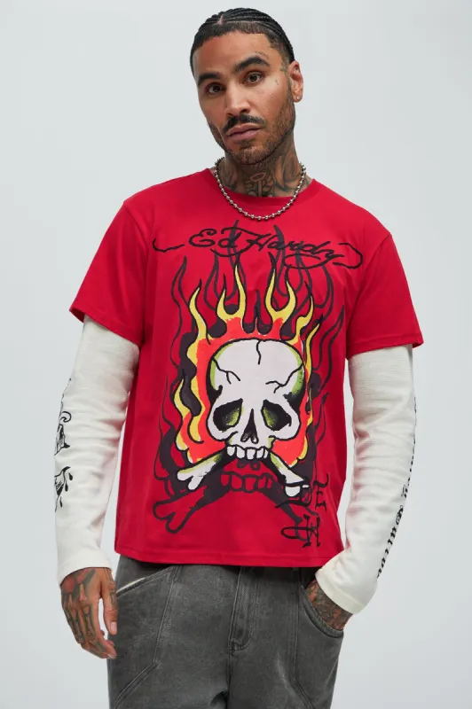 Ed Hardy Flame Skull Thermal Long Sleeve - Red/combo sold by Fashion Nova