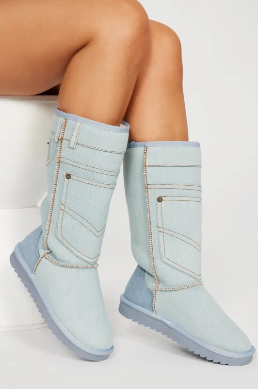 Written All Over Knee High Flat Boots - Light Blue sold by Fashion Nova