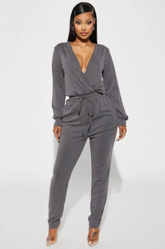 Back To Home Base Jumpsuit - Charcoal sold by Fashion Nova