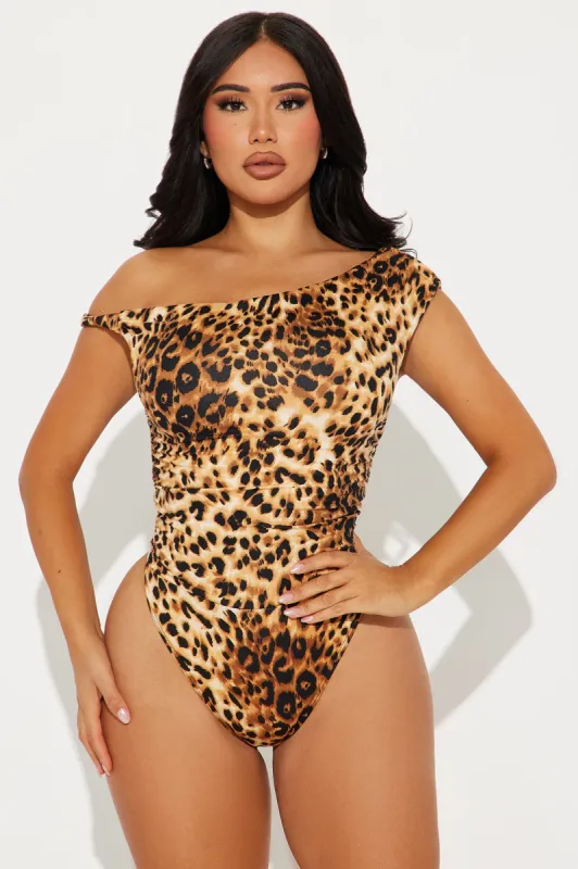 Cheetah Girl Off Shoulder Bodysuit - Leopard sold by Fashion Nova