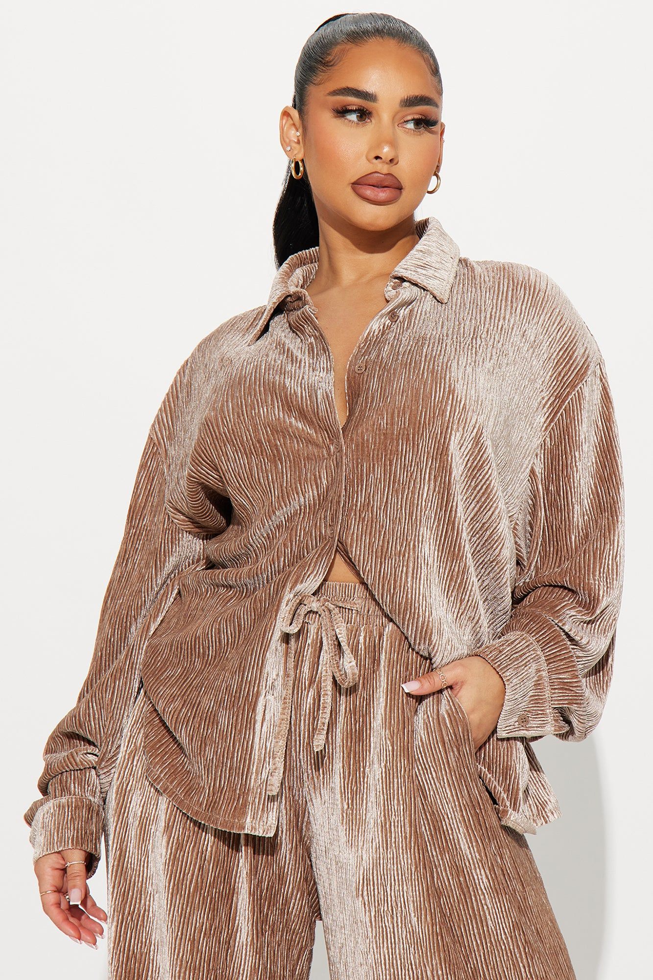 Jenelle Velvet Plisse Pant Set - Mocha sold by Fashion Nova product image thumbnail 2