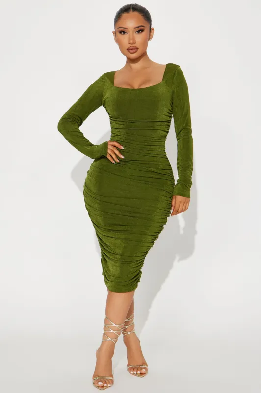 Kaci Ruched Midi Dress - Olive sold by Fashion Nova