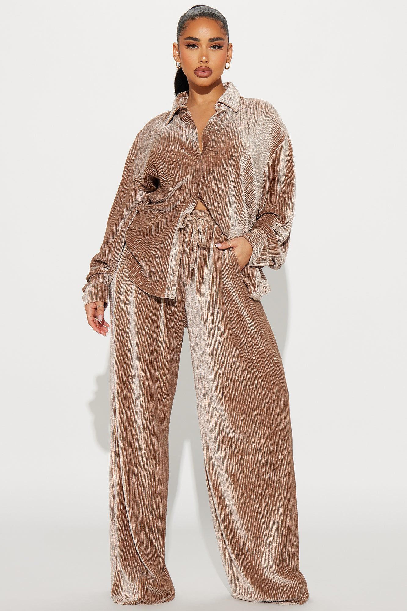 Jenelle Velvet Plisse Pant Set - Mocha sold by Fashion Nova
