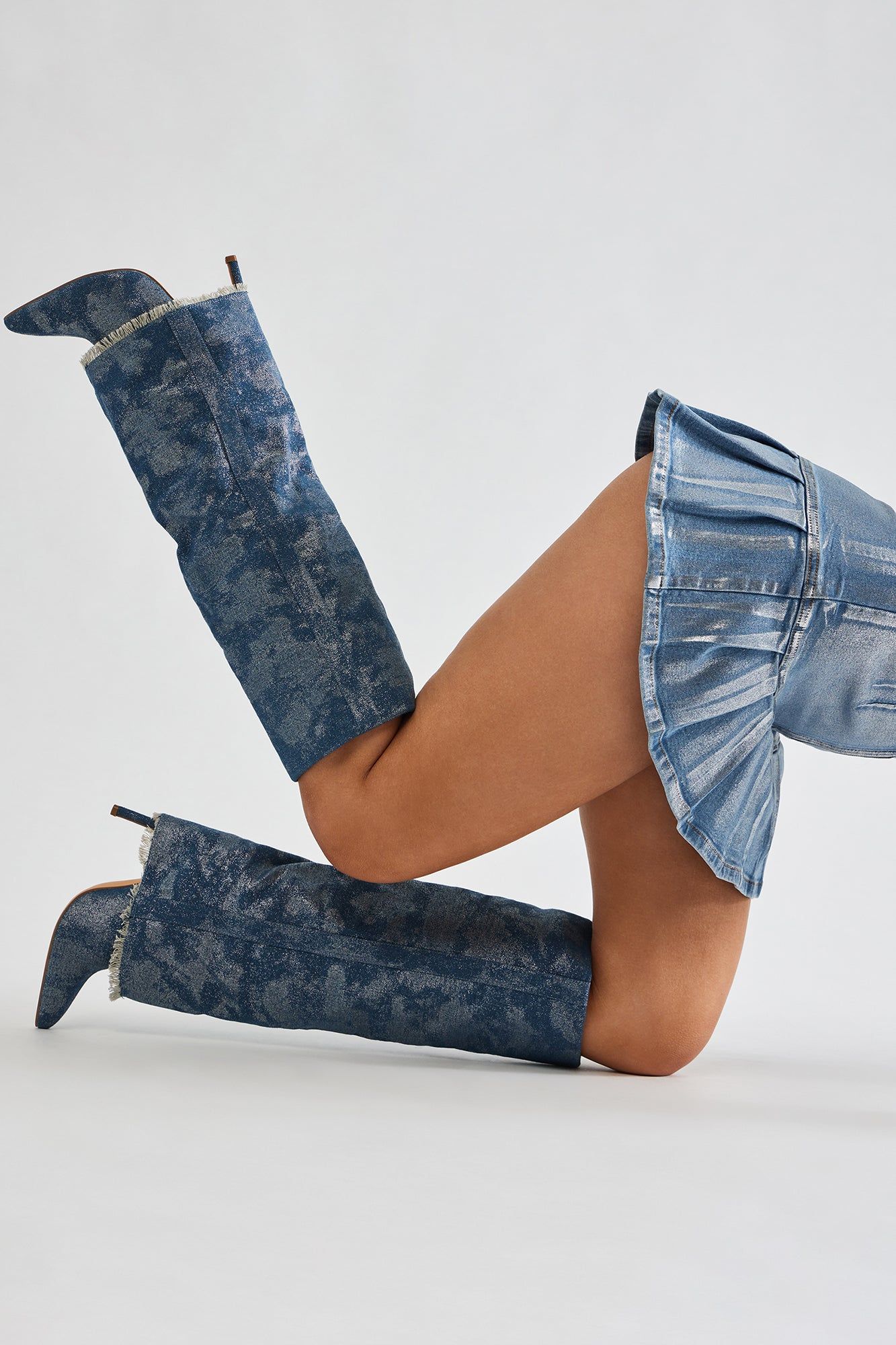 Always A Baddie Knee High Heeled Boots - Blue/combo sold by Fashion Nova