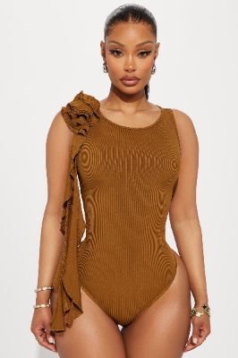 Most Popular Ribbed Bodysuit - Brown sold by Fashion Nova