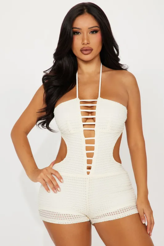 Island Dreaming Crochet Romper - Cream sold by Fashion Nova
