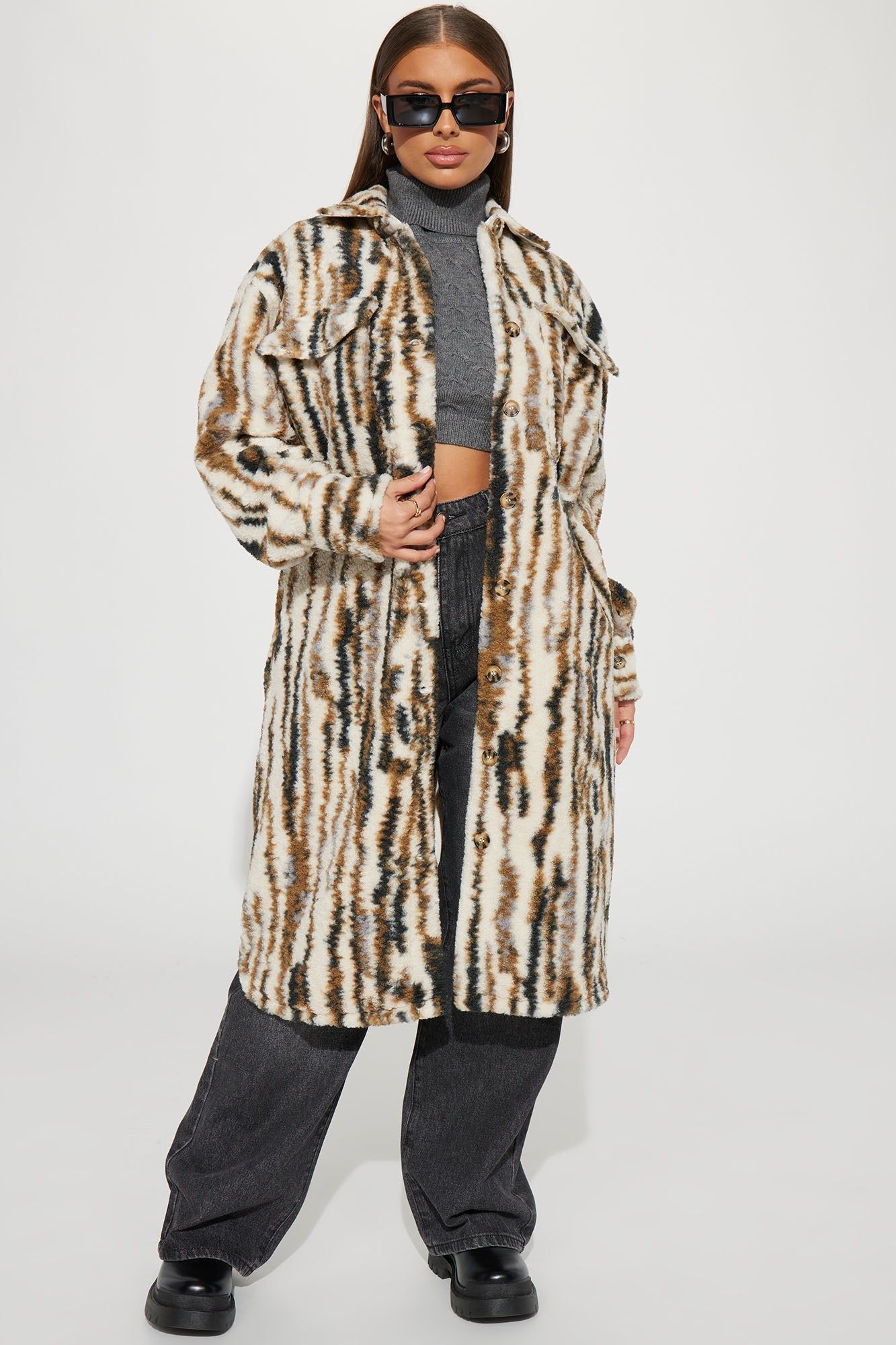 Foxy Attitude Faux Fur Coat - Brown Combo sold by Fashion Nova