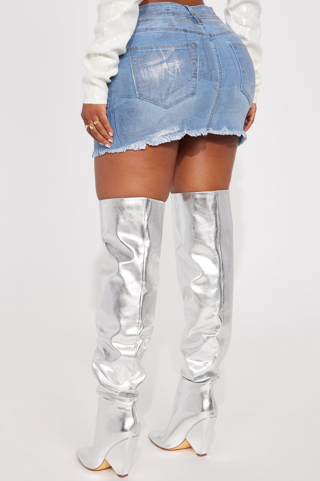 Focus On Me Foil Denim Mini Skirt - Light Wash sold by Fashion Nova product image thumbnail 3
