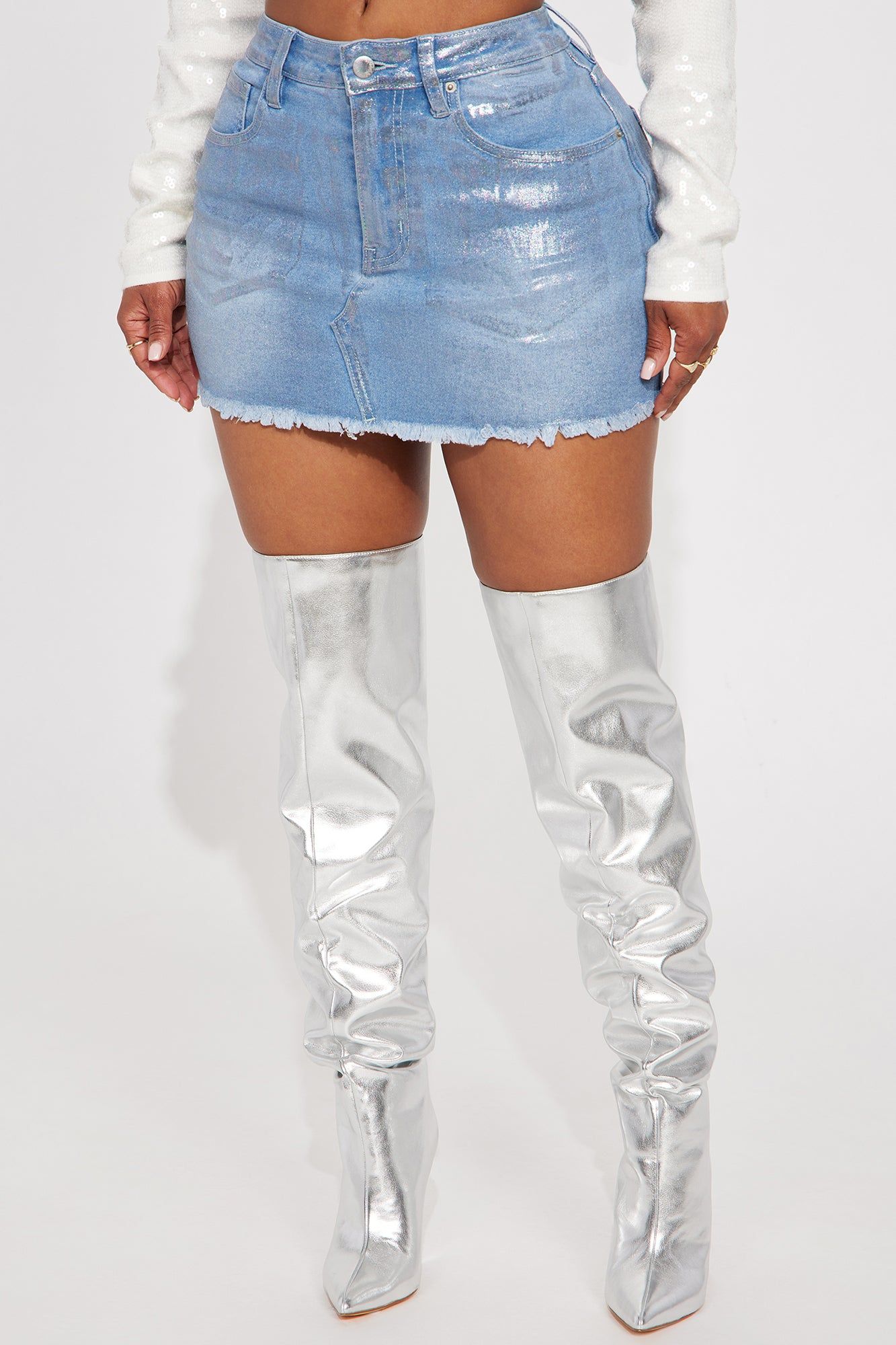 Focus On Me Foil Denim Mini Skirt - Light Wash sold by Fashion Nova product image thumbnail 2