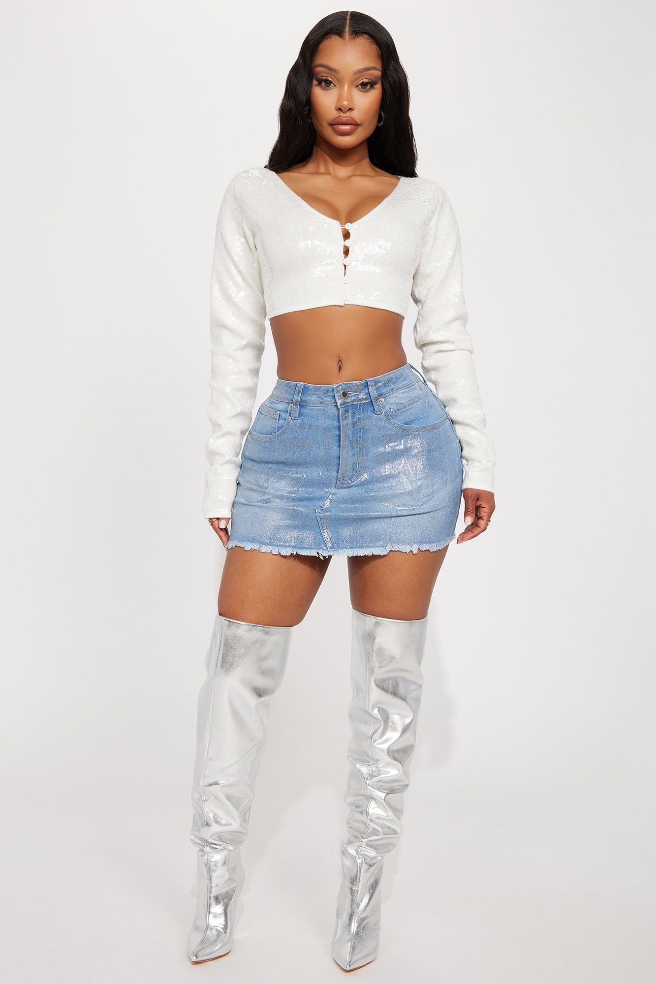 Focus On Me Foil Denim Mini Skirt - Light Wash sold by Fashion Nova