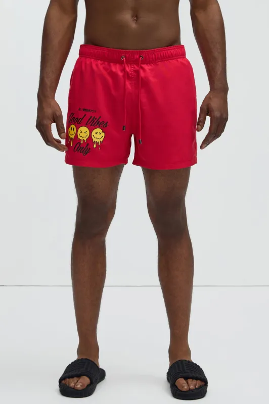 Good Vibes With Smiles Only Swim Trunk - Red sold by Fashion Nova