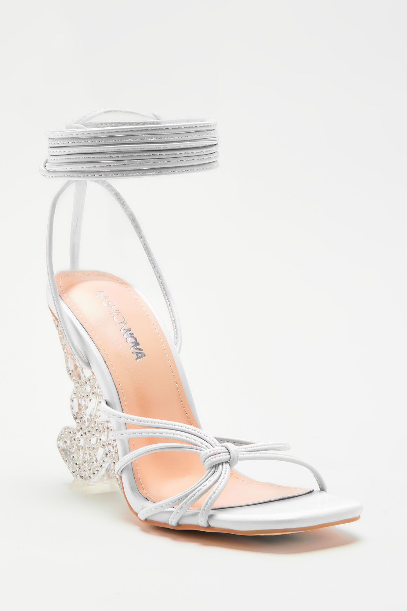 Fly Away With Me Embellished Wrap Up Heeled Sandals - White sold by Fashion Nova product image thumbnail 2
