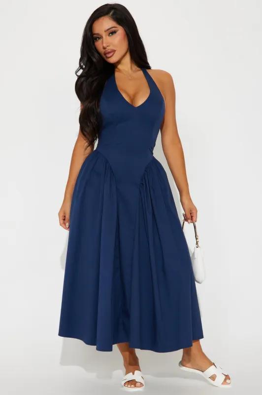 Mara Corset Halter Midi Dress - Navy sold by Fashion Nova