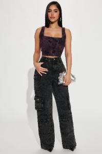 Petite Mad For You Cargo Jeans - Acid Wash Black sold by Fashion Nova
