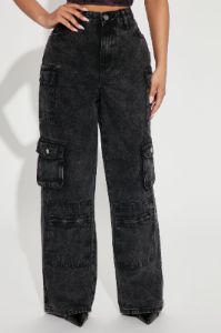 Petite Mad For You Cargo Jeans - Acid Wash Black sold by Fashion Nova