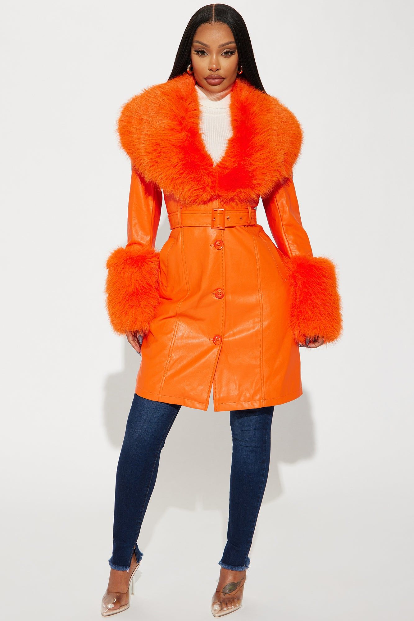 High Class Fur Trim Coat - Orange sold by Fashion Nova