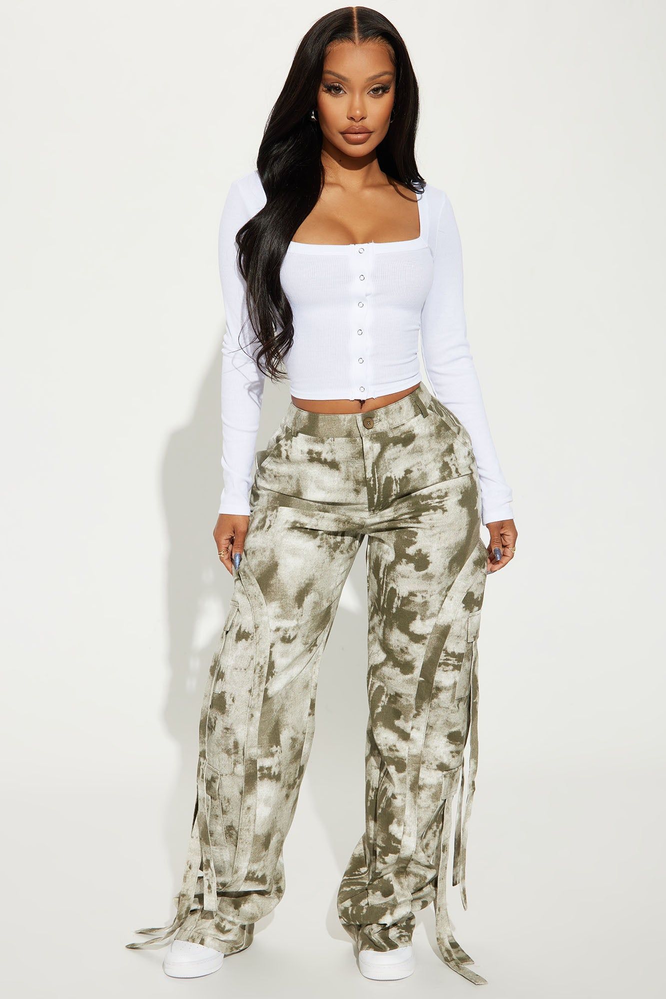 Never Before Strappy Mineral Wash Pant - Olive sold by Fashion Nova