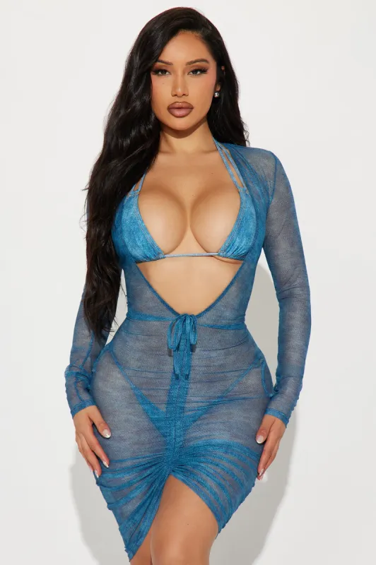 Summers In Belize Mesh Ruched Cover Up Dress - Denim sold by Fashion Nova