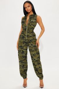 Hidden in Plain Sight  Camo Jumpsuit - Green/combo sold by Fashion Nova