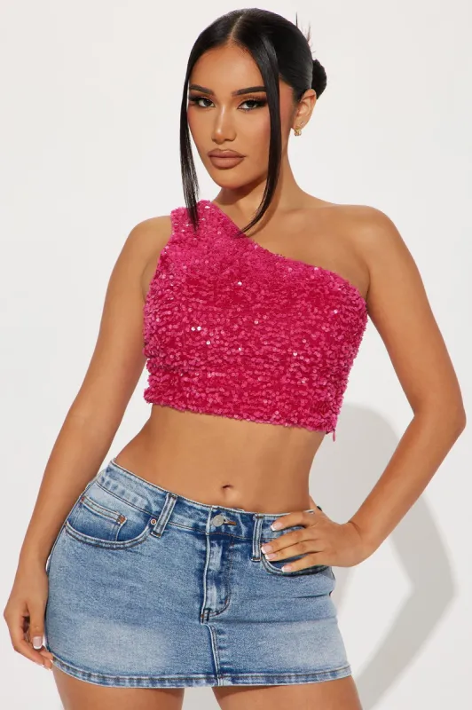 Sophia Sequin One Shoulder Top - Hot Pink sold by Fashion Nova