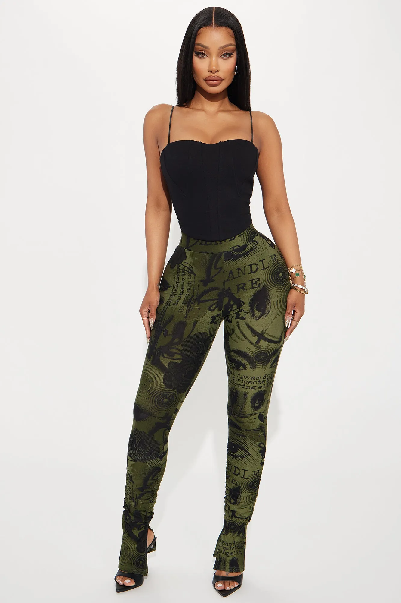 Watch Out Printed Stacked Pant - Olive/combo sold by Fashion Nova