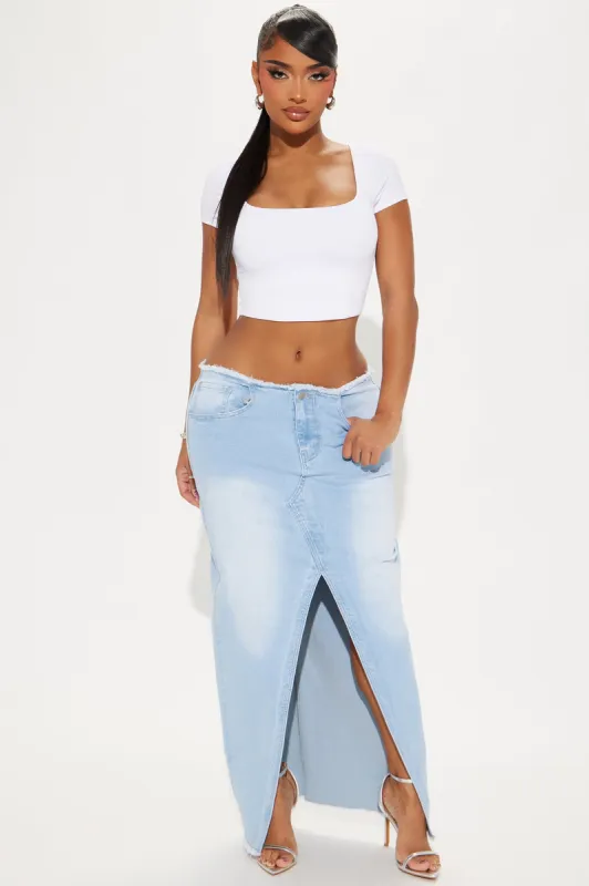 Deepest Desires Tinted Denim Maxi Skirt - Light Wash sold by Fashion Nova