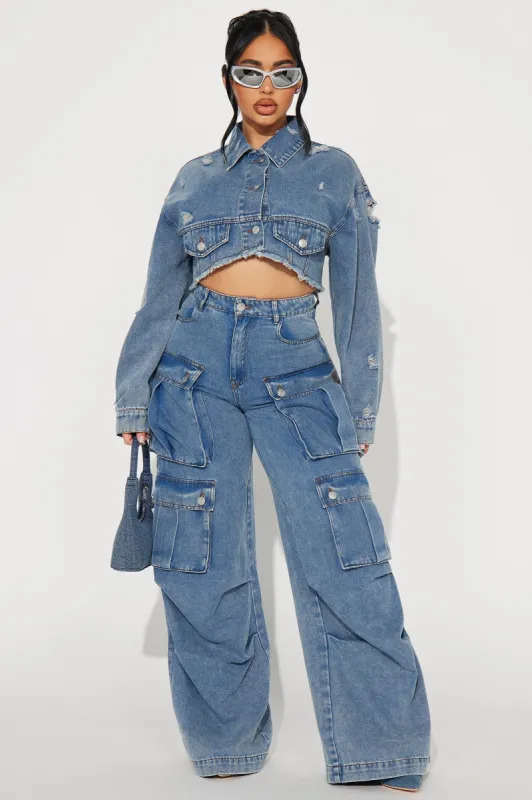 Just Between Us Denim Pant Set - Blue made by Fashion Nova