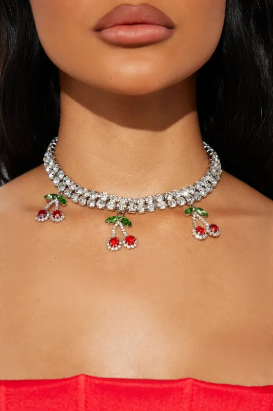 Cherrylicious Rhinestone Choker - Silver/Red sold by Fashion Nova