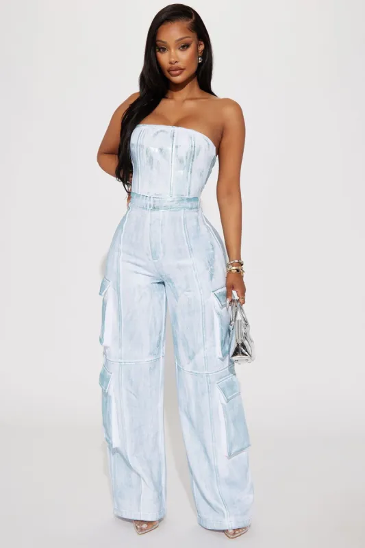 Inde Metallic Jumpsuit - White/Blue sold by Fashion Nova