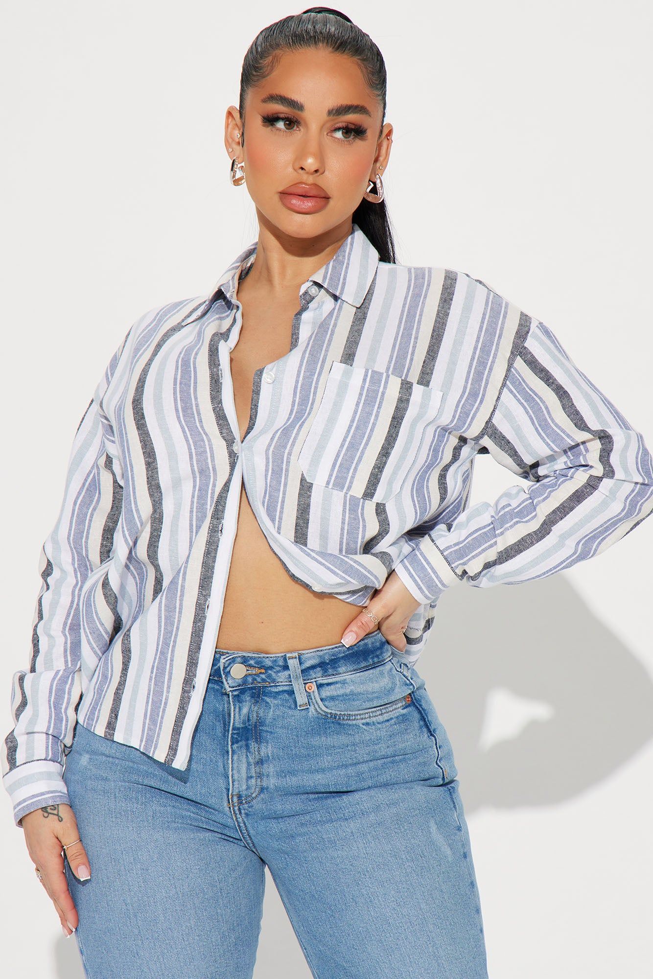 Allison Linen Striped Shirt - Blue/combo sold by Fashion Nova