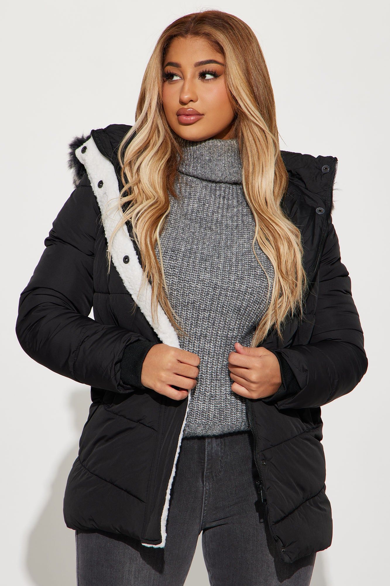 Snow Glow Long Puffer Jacket - Black sold by Fashion Nova