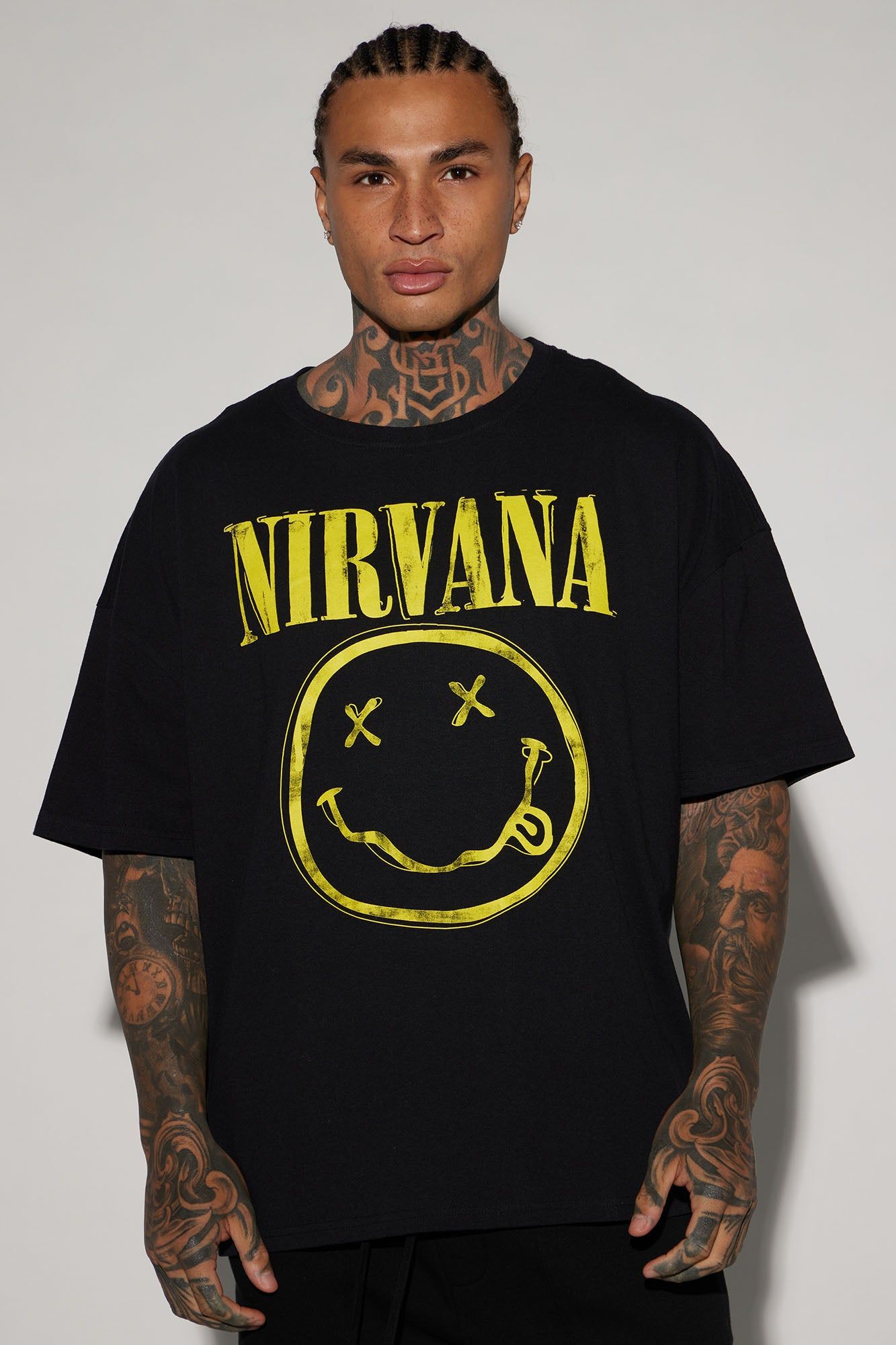 Nirvana Yellow Smiley Oversized Short Sleeve Tee - Black sold by Fashion Nova