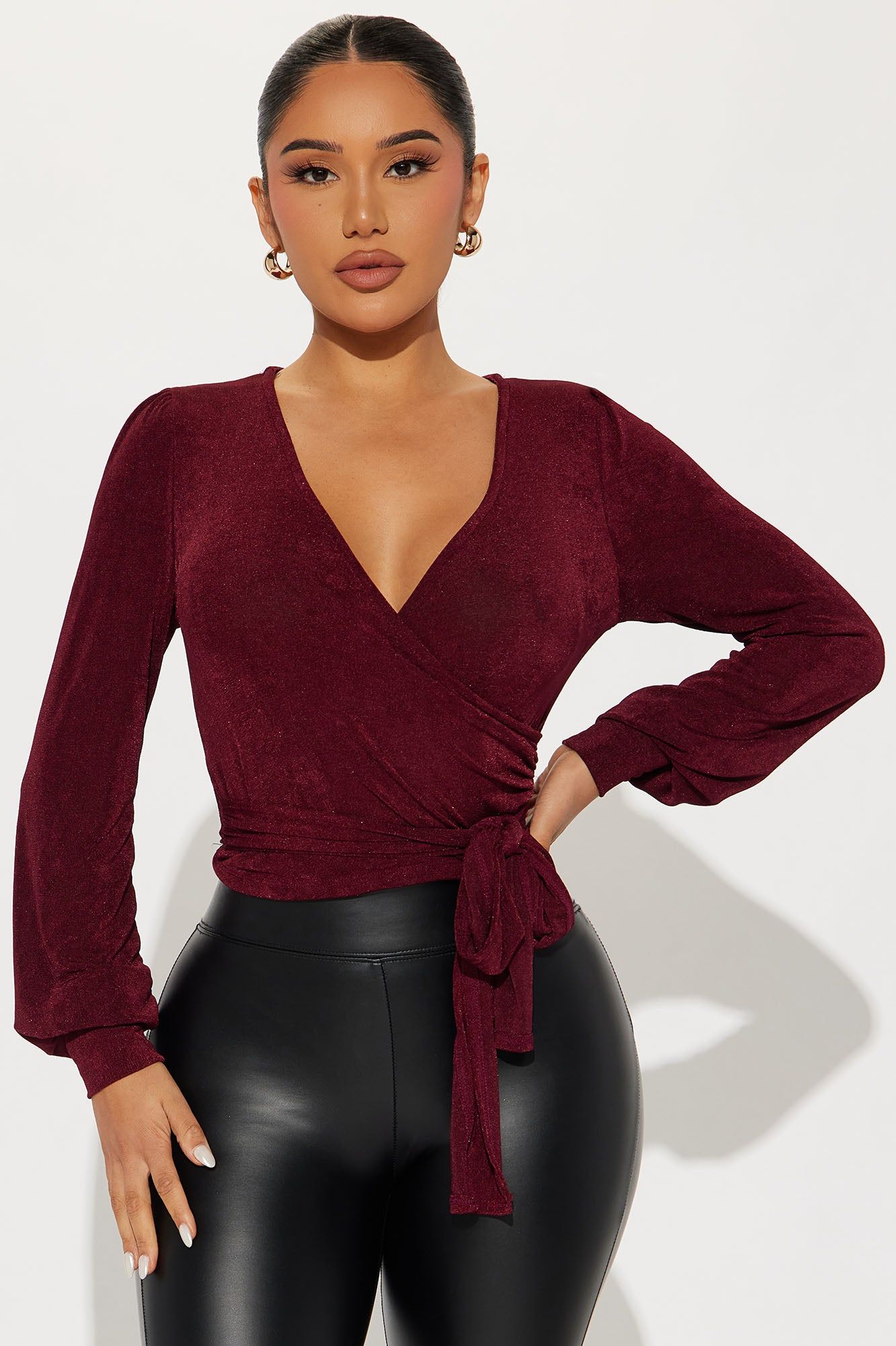 Harper Surplice Top - Wine sold by Fashion Nova
