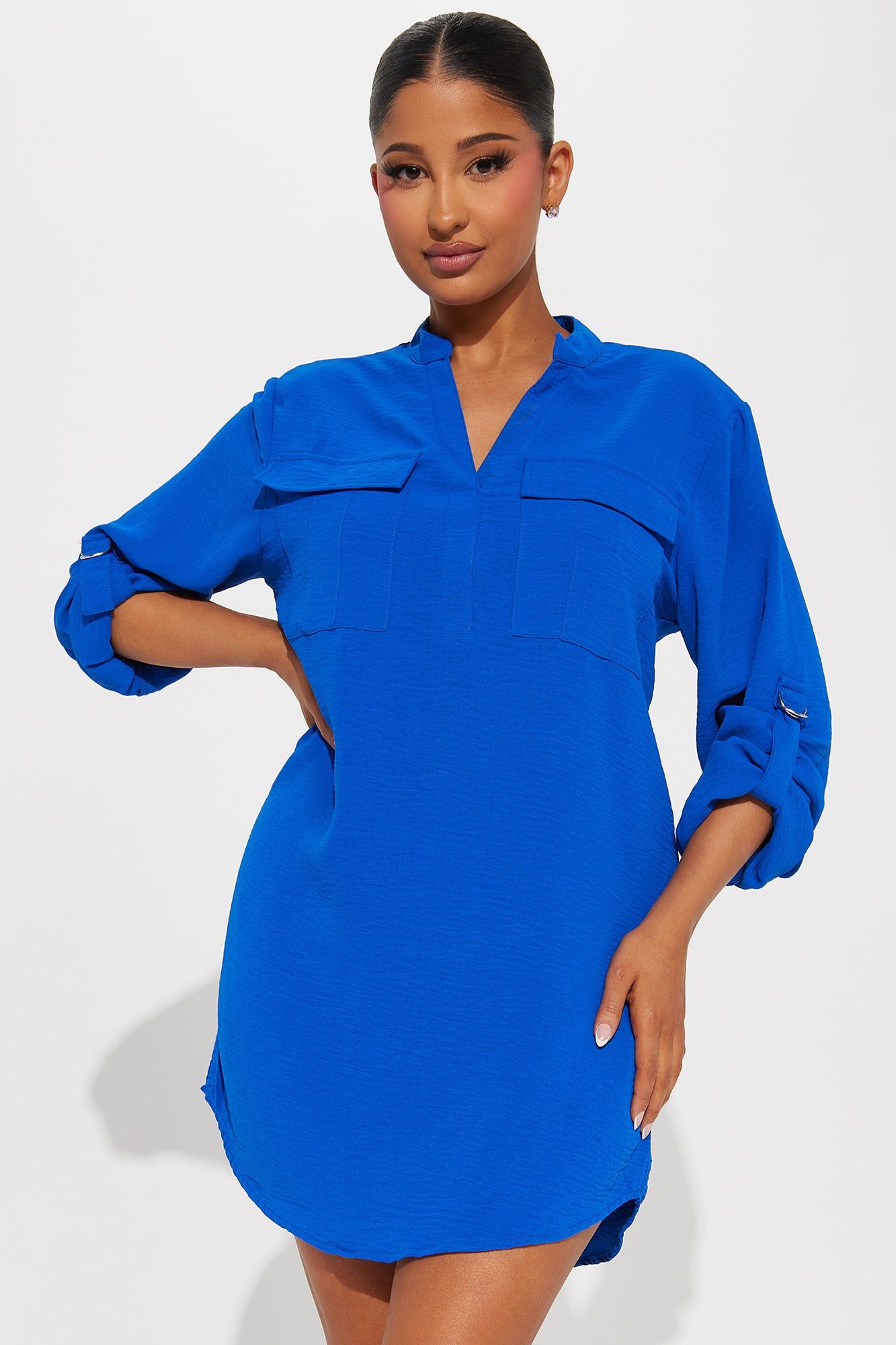 Jennifer Mini Shirt Dress - Blue sold by Fashion Nova