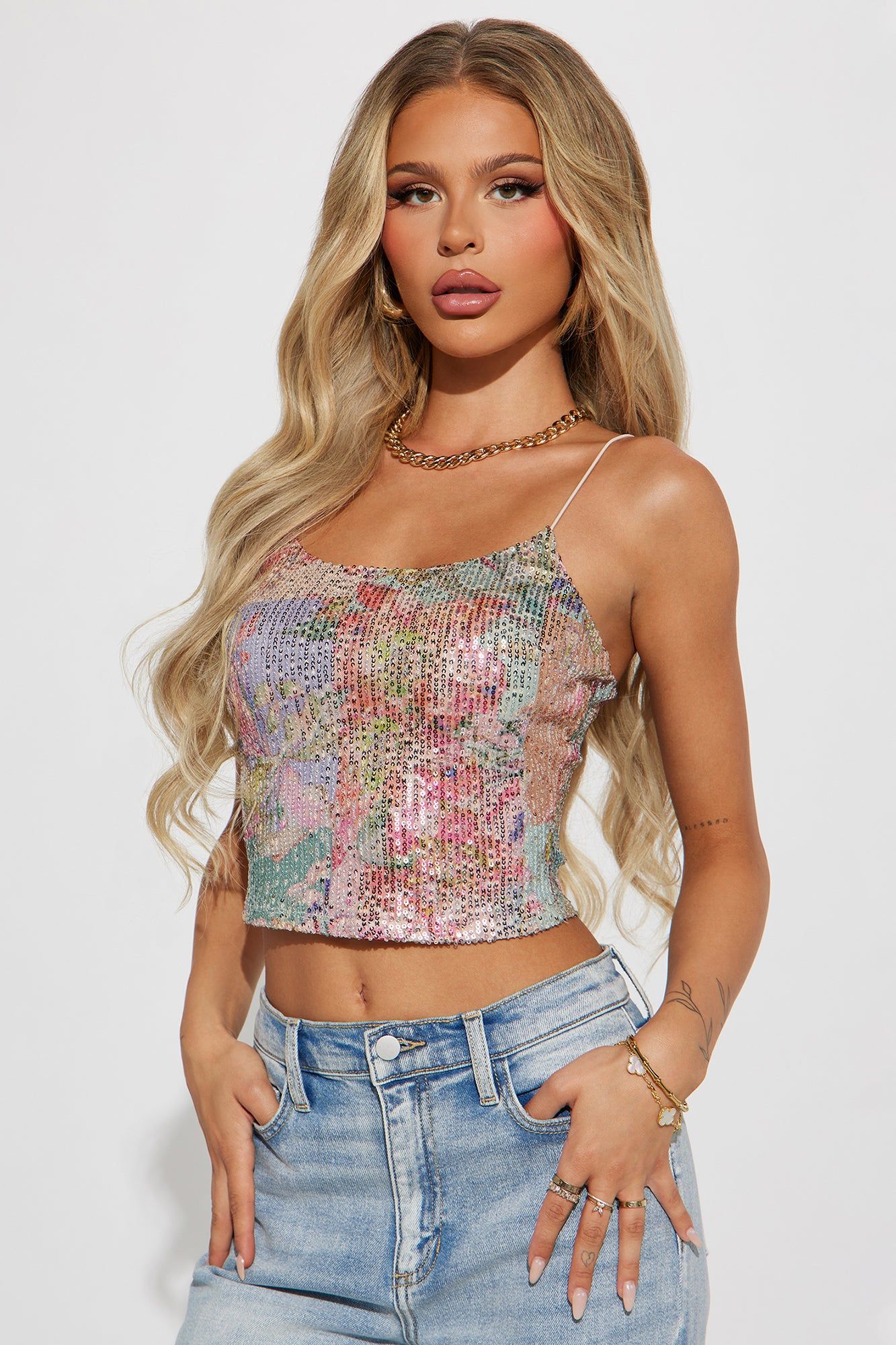 All That Sparkles Sequin Top - Blush/combo sold by Fashion Nova