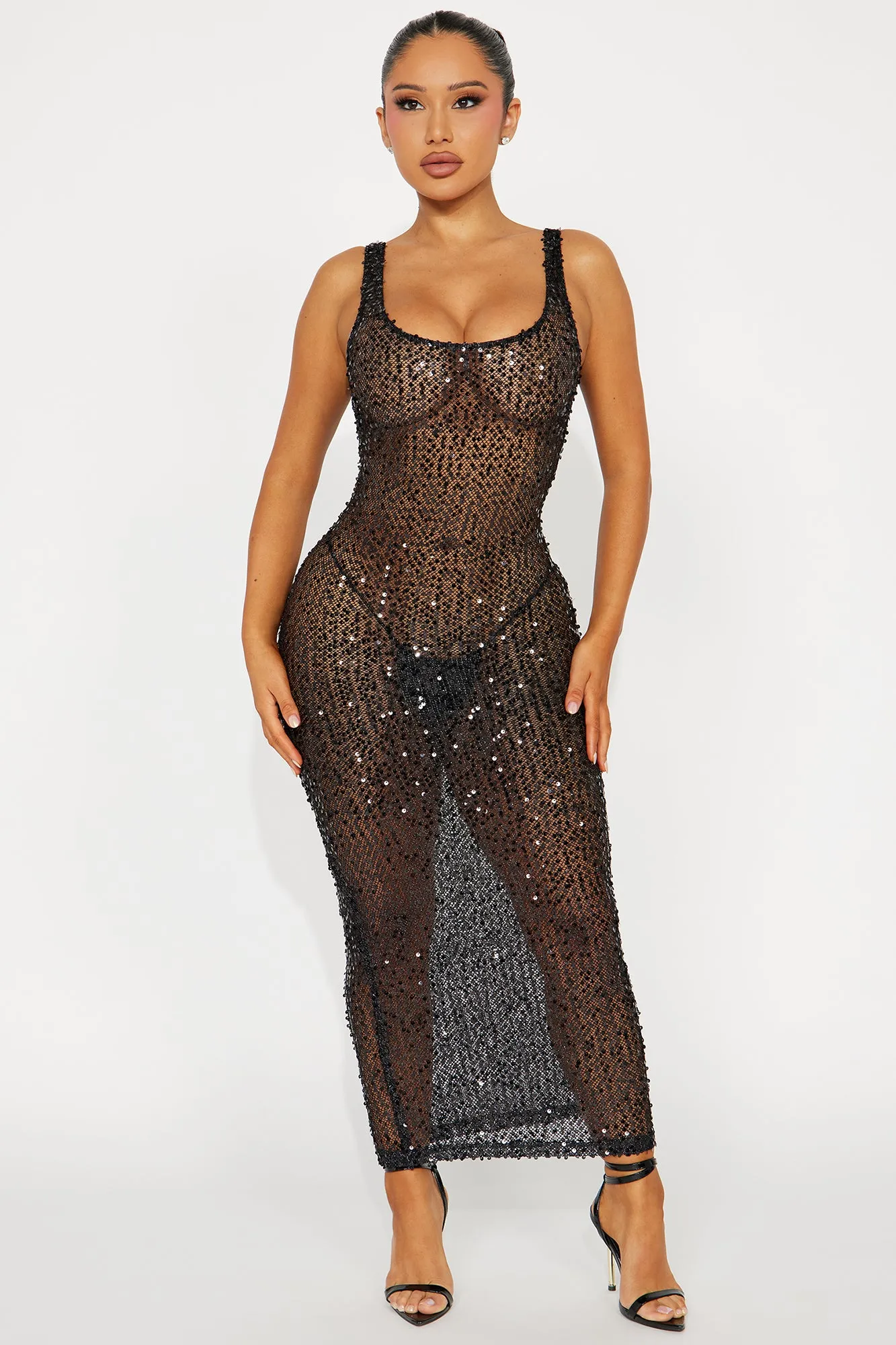 Stella Sequin Crochet Maxi Dress - Black sold by Fashion Nova